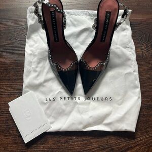Les Petits Joueurs Black Patent Pointed Slingback Heels with Stud Trim